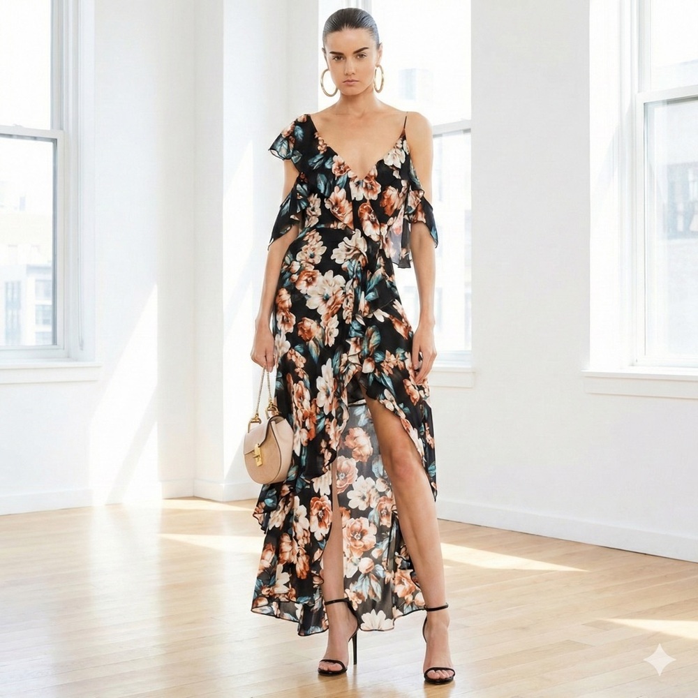 Nicholas Black Floral Silk Ruffle Asymmetric Cold Shoulder Maxi Dress - US 0 /XS